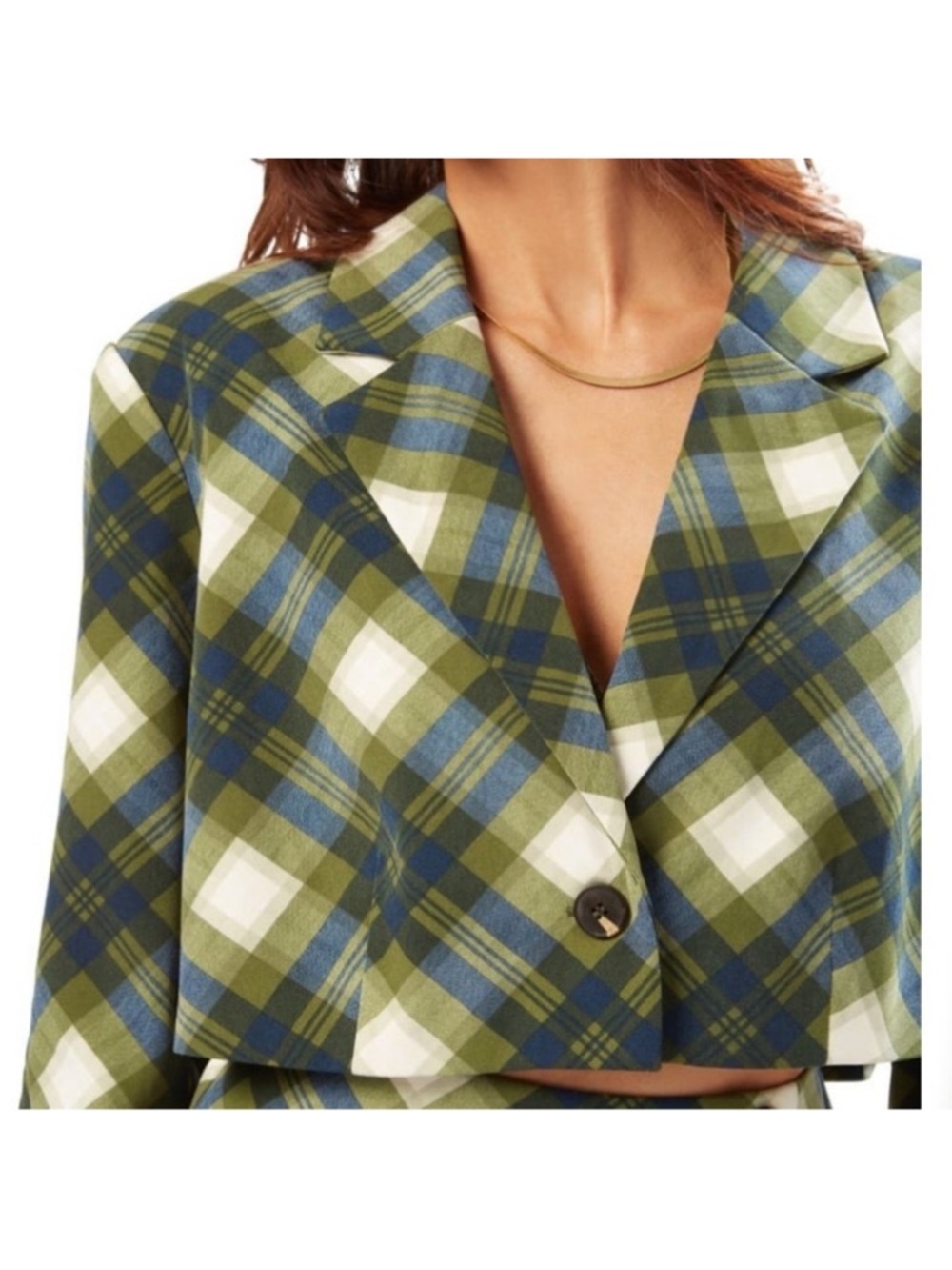 Who What Wear Olive Green & Blue Plaid Cropped Blazer